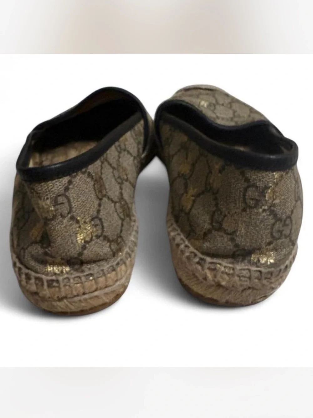 Gucci Brown & Black Monogram Espadrille Flats with Gold Bee Detail